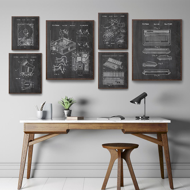 Tech Office Wall - 6-delige vintage computerpatent wanddecoratieset, technische blauwdrukken
